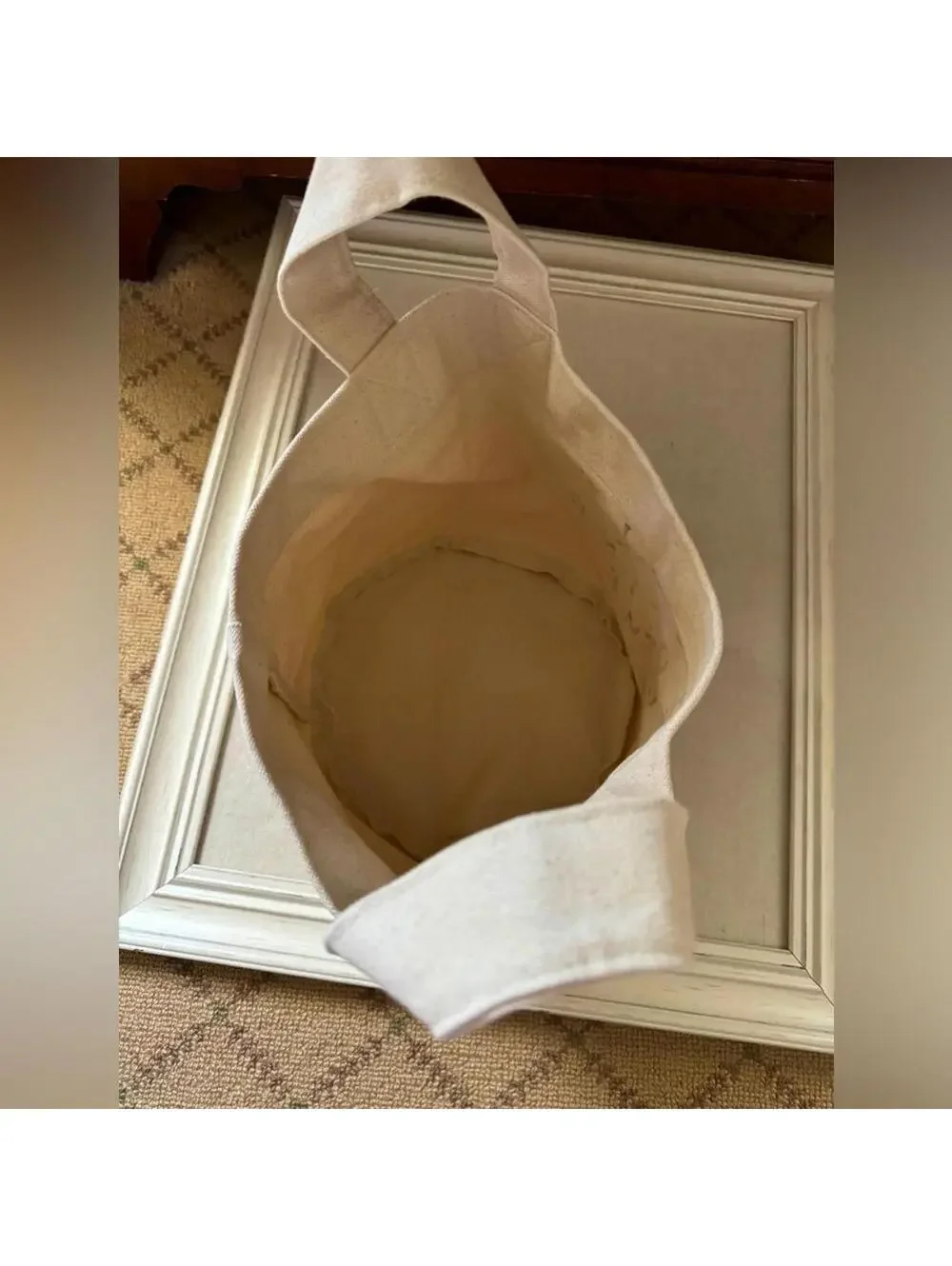Canvas Small soft speckled off white bucket for socks with text NWOT
